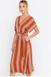 Marcella Rust Striped Dolman Sleeve Midi Dress