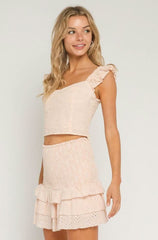 Nina Peach Eyelet Lace Ruffle Two-Piece Dress