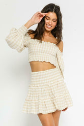 XOXO Khaki Gingham Smocked Off-the-Shoulder Dress Set