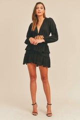 On The Edge Black Long Sleeve Eyelet Skater Mini Dress
