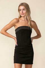 See You There Black Mixed Media Strapless Mini Dress