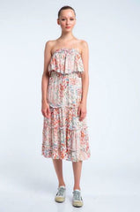 Faye Boho Print Strapless Tiered Midi Dress