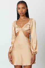 Because Of You Tan Long Sleeve Cutout Mini Dress