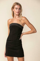 See You There Black Mixed Media Strapless Mini Dress
