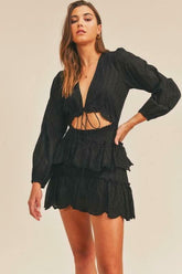 On The Edge Black Long Sleeve Eyelet Skater Mini Dress