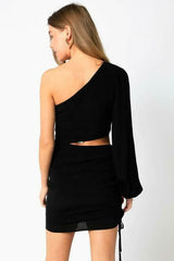 Bianca Black One Shoulder Long Sleeve Mini Dress