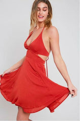 Break My Heart Red Plunge Halter Flare Dress