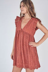 Sweet Caroline Rust Eyelet Romper Dress