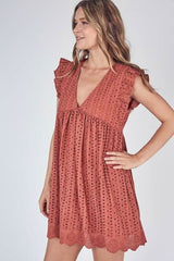 Sweet Caroline Rust Eyelet Romper Dress