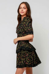 Vineyard Black Floral Print Ruffle Puff Sleeve Dress