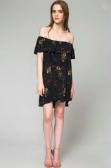 Delightful Escape Black Floral Off-The-Shoulder Dress