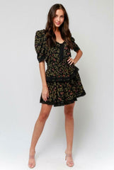 Vineyard Black Floral Print Ruffle Puff Sleeve Dress