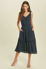 Why Wait Midnight Navy Tie-Strap Midi Dress