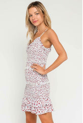 Rhea White and Red Floral Smocked Ruffle Mini Dress