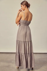 Sweet and Flirty Silver Olive Tiered Maxi Dress