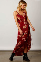 Heidi Wine Satin Floral Wrap Dress