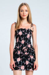 Taylor Black and Pink Floral Ruffled Mini Dress