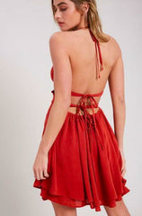 Break My Heart Red Plunge Halter Flare Dress