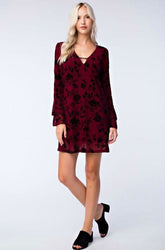 Taylor Wine Burnout Velvet Ruffle Shift Dress