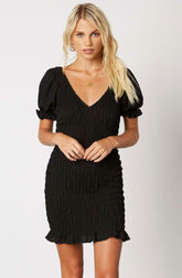 Basic Instincts Black Smocked Puff Sleeve Mini Dress