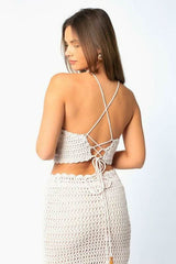 Salty Sun Blush Knit Halter Lace-Up Midi Dress Set