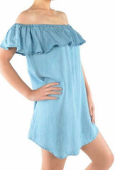 See Ya In Miami Light Blue Chambray Off-the-Shoulder Dress