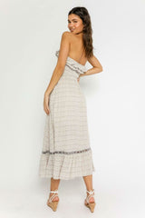 Delia Taupe Ikat Print Strapless Midi Dress