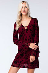 Taylor Wine Burnout Velvet Ruffle Shift Dress