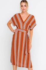 Marcella Rust Striped Dolman Sleeve Midi Dress