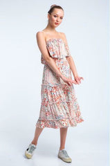 Faye Boho Print Strapless Tiered Midi Dress