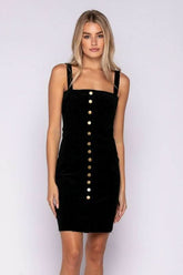 Sylvia Black Velvet Button-Down Pinafore Dress