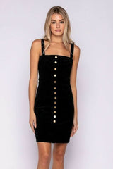 Sylvia Black Velvet Button-Down Pinafore Dress