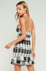 Rhea Black and Cream Plaid Print Smocked Ruffle Mini Dress