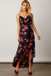 Heidi Navy Satin Floral Wrap Dress