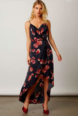Heidi Navy Satin Floral Wrap Dress