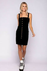 Sylvia Black Velvet Button-Down Pinafore Dress