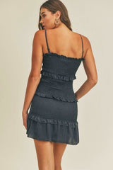 Quinn Navy Satin Smocked Ruffle Mini Dress