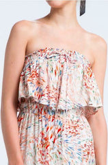 Faye Boho Print Strapless Tiered Midi Dress