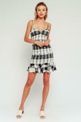 Rhea Black and Cream Plaid Print Smocked Ruffle Mini Dress