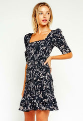 Naomi Navy Floral Smocked Puff Sleeve Mini Dress