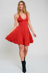Break My Heart Red Plunge Halter Flare Dress