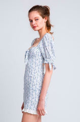 Tory White  and Blue Floral Print Puff Sleeve Mini Dress