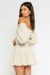 XOXO Khaki Gingham Smocked Off-the-Shoulder Dress Set