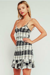 Rhea Black and Cream Plaid Print Smocked Ruffle Mini Dress