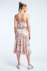 Faye Boho Print Strapless Tiered Midi Dress