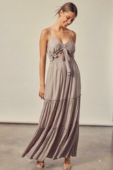Sweet and Flirty Silver Olive Tiered Maxi Dress