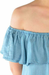 See Ya In Miami Light Blue Chambray Off-the-Shoulder Dress