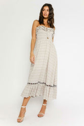 Delia Taupe Ikat Print Strapless Midi Dress