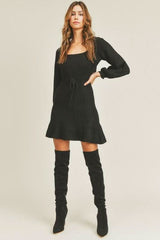 Mari Black Puff Sleeve Sweater Dress