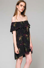 Delightful Escape Black Floral Off-The-Shoulder Dress